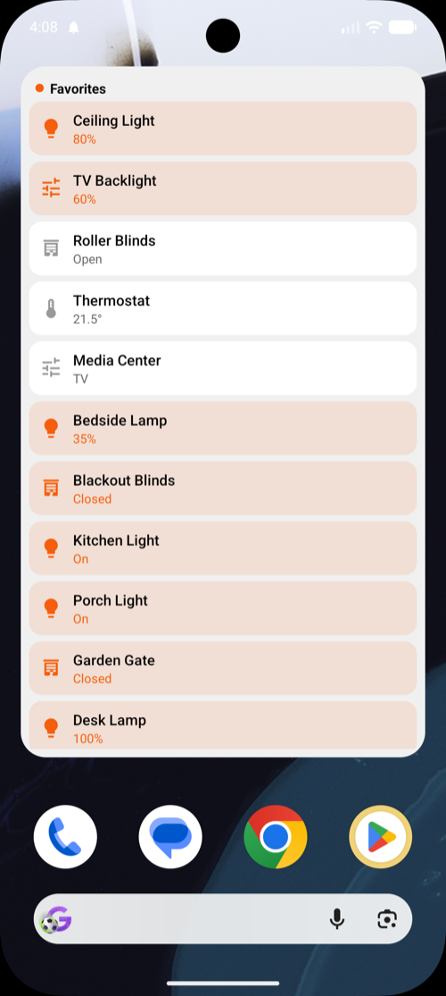 Pilot Favorites widget on an Android home screen