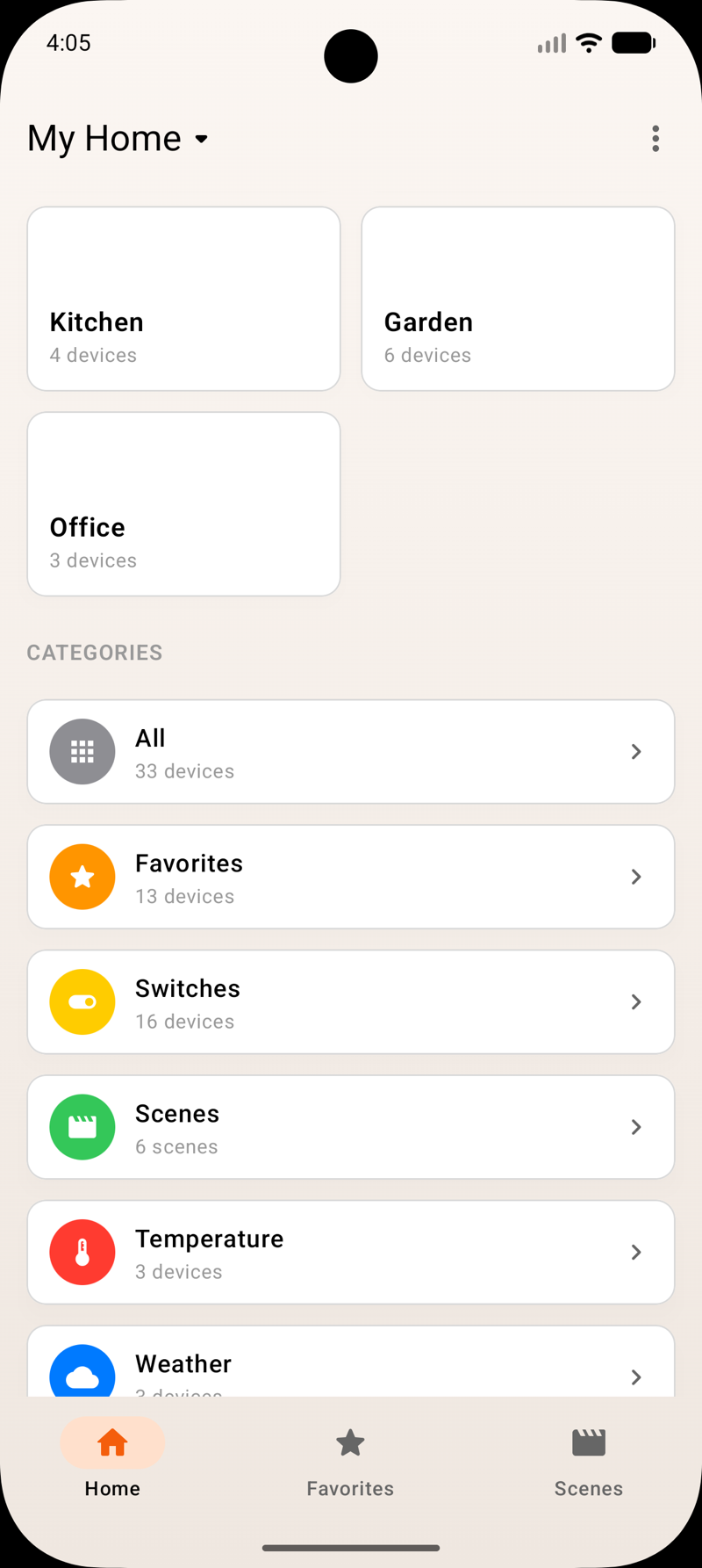 Pilot home screen on Android with Domoticz rooms and categories
