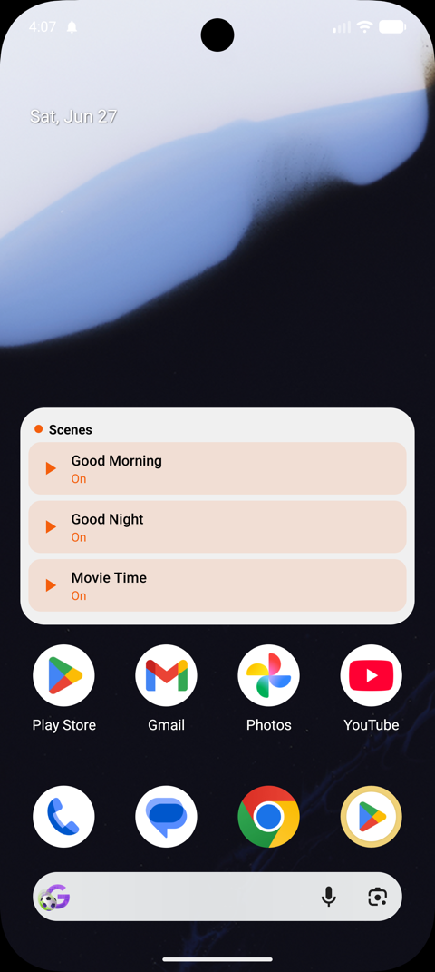 Pilot Scenes widget on an Android home screen