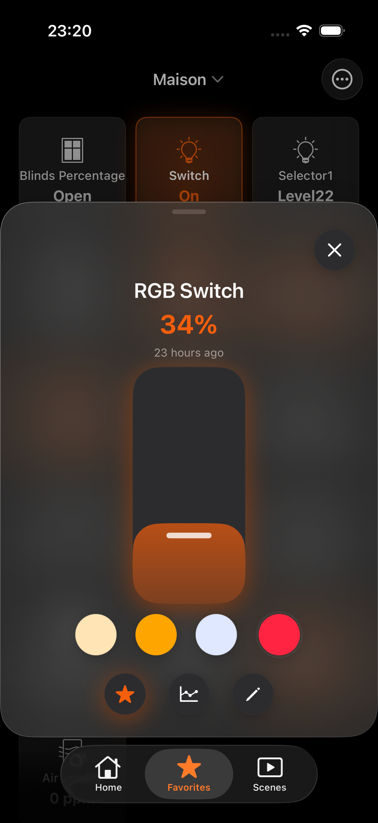 Pilot 2026.3 apparaatbediening — thermostaat, RGB-wiel, rolluikschuif