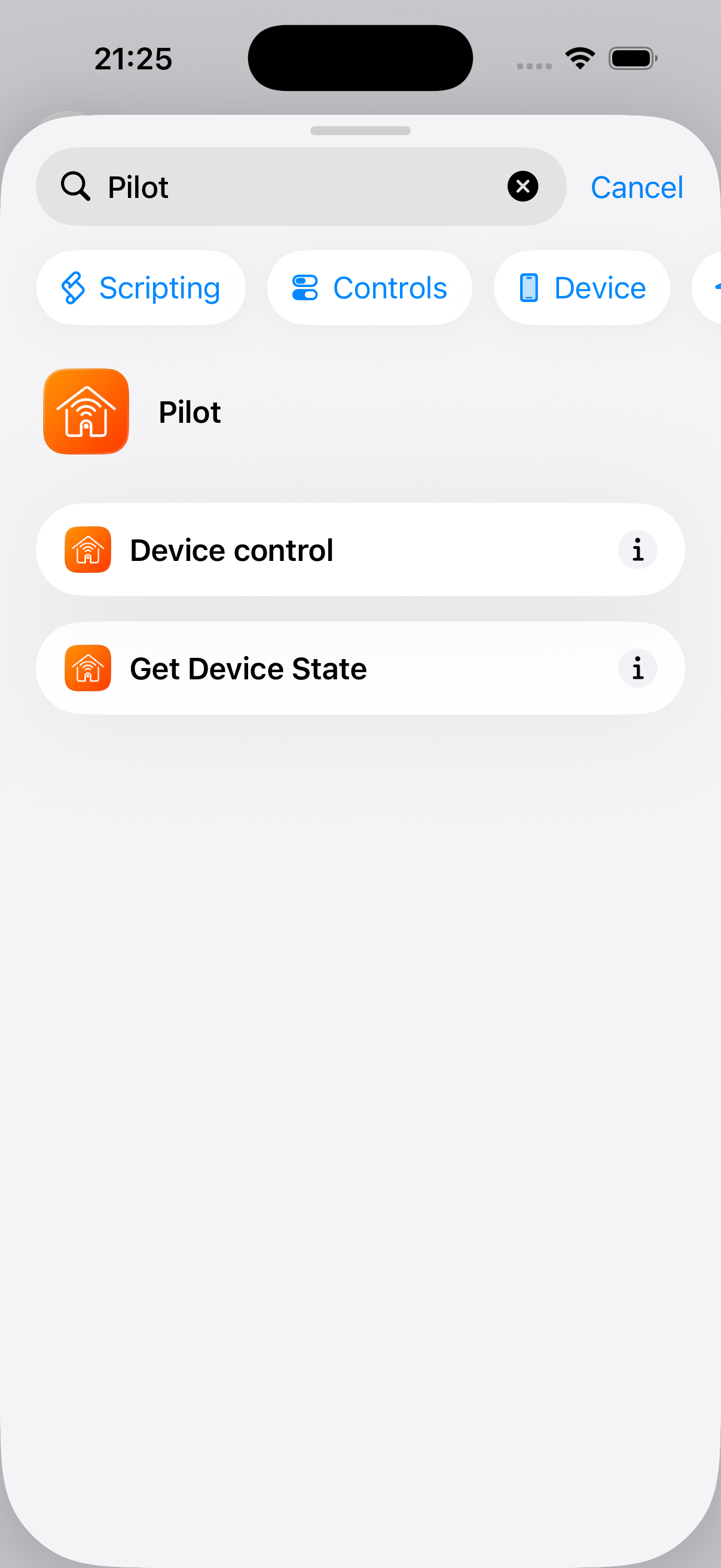 Pilot&rsquo;s actions in the iOS Shortcuts app, including Get Device State