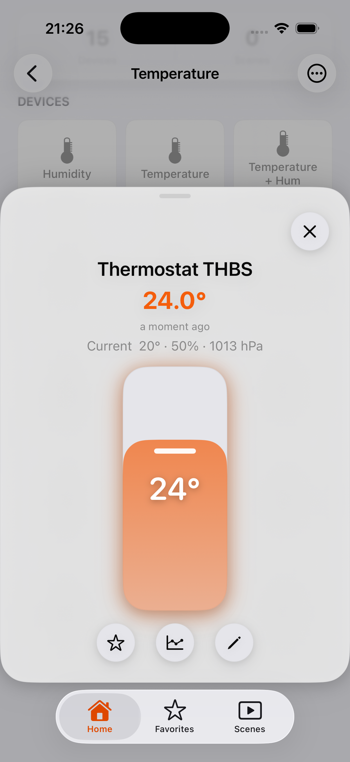 Pilot thermostat tile showing the setpoint with current temperature beneath